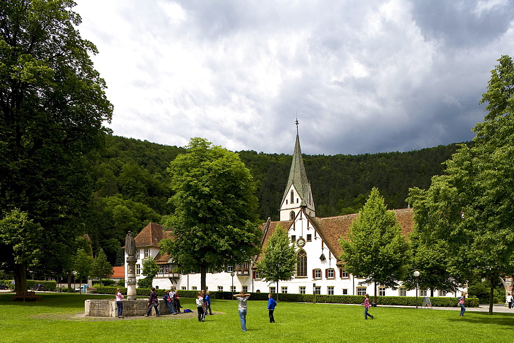 Blaubeuren monastery under clouded sky, Blaubeuren, Baden-Wuerttemberg, Germany, Europe