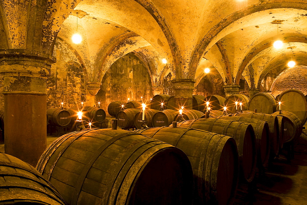 Candlelit barrels inside wine cellar of Eberbach abbey, a medieval monastery at Eltville am Rhein, Rheingau, Hesse, Germany, Europe