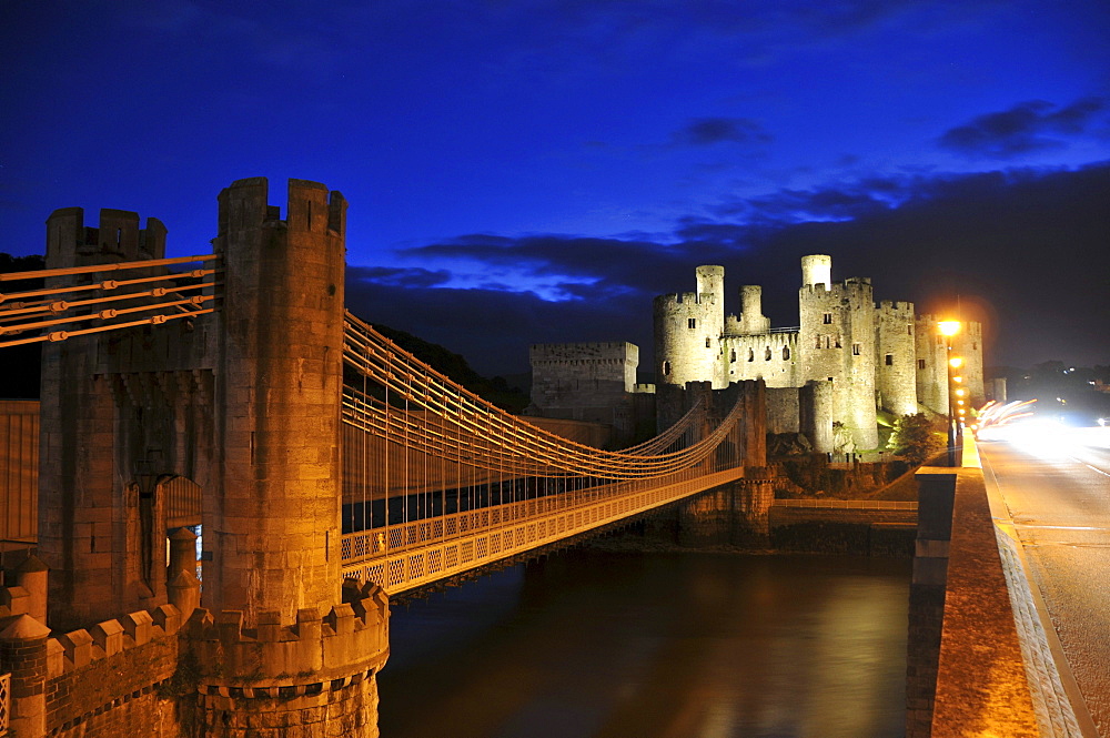 Conwy Castle with Suspension Bridge at night, Conwy, North Wales, Wales, Great Britain