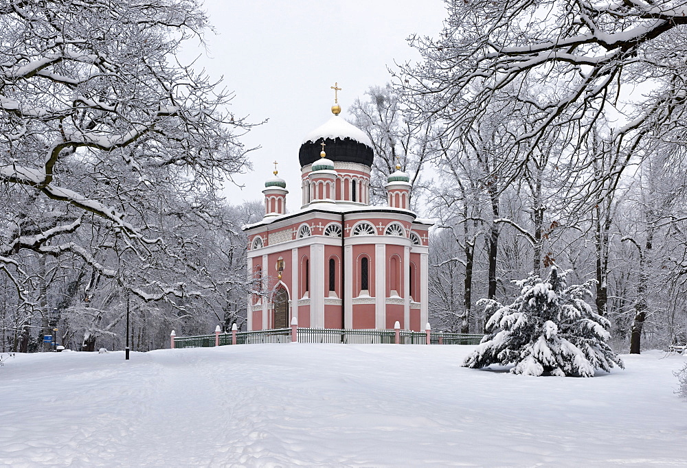 Russian Orthodox Church in winter, Chapel Mountain, Potsdam, Brandenburg, Germany