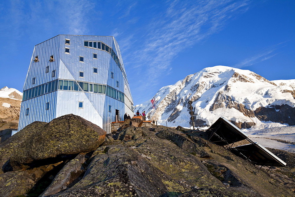 New Monte-Rosa-Hut in the evening, Liskamm in background, Zermatt, Canton of Valais, Switzerland, myclimate audio trail