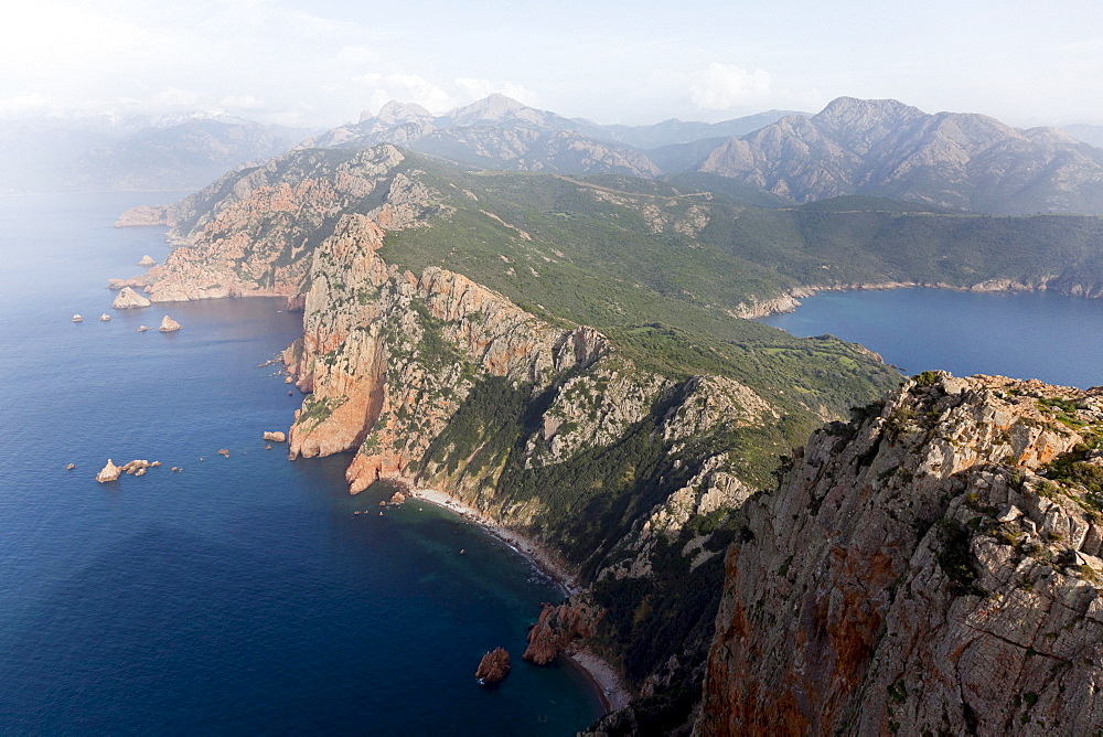 View along the coast Hike to Capo Rosso between Porto and Cargese, view from the Tower of Turghio, Mediterranean Sea, Porto, Corsica, France