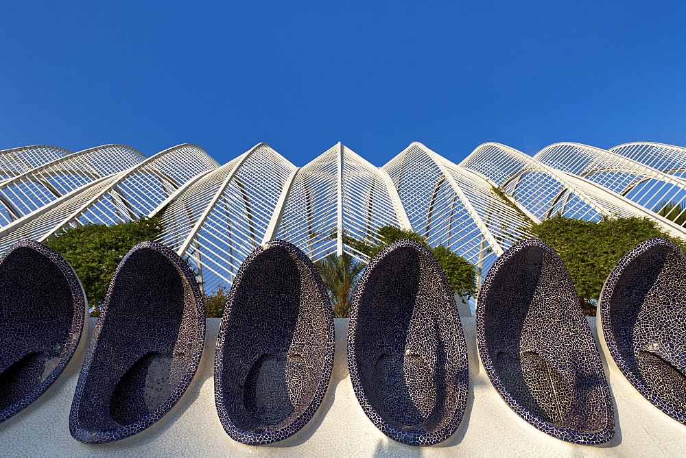 Close up of The Umbracle (detail), a landscaped walk with plant species indigenous to Valencia, City of Arts and Sciences, Cuidad de las Artes y las Ciencias, Santiago Calatrava (architect), Valencia, Spain