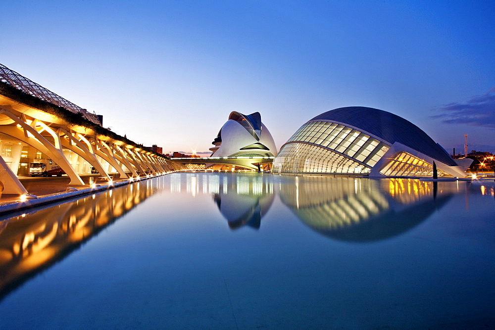 Hemisferic, Imax Cinema, Planetarium and Laserium built in the shape of the eye and Palau de les Arts, City of Arts and Sciences, Cuidad de las Artes y las Ciencias, Santiago Calatrava (architect), Valencia, Spain