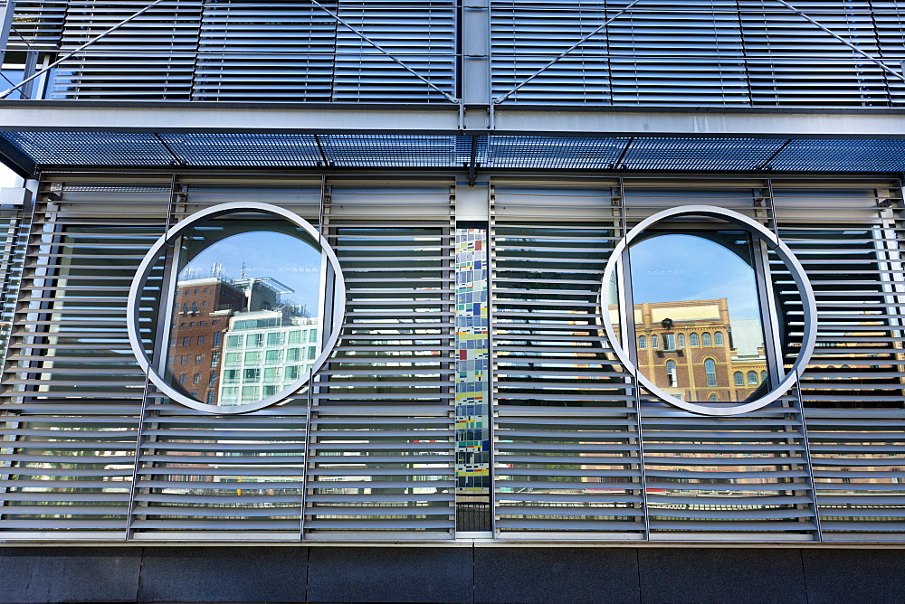 Reflection in round windows, Media Harbour, Duesseldorf, Duesseldorf, North Rhine-Westphalia, Germany, Europe