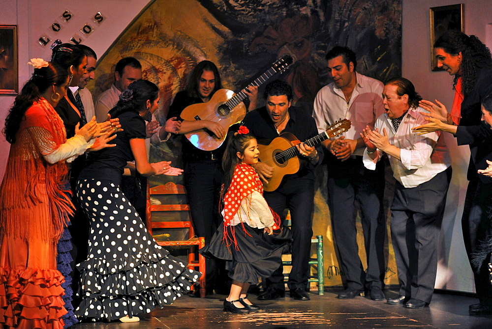 Girl dancing flamenco, flamenco, Los Gallos, Sevilla, Province Sevilla, Andalusia, Spain, Mediterranean Countries