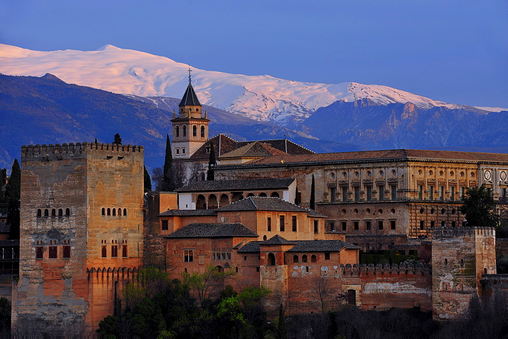 Alhambra with Sierra Nevada, Province Granada, Andalusia, Spain, Mediterranean Countries