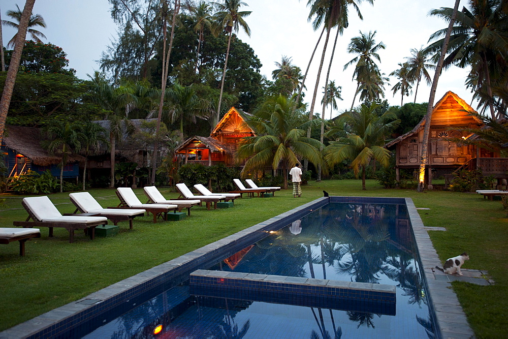 Pool and sunloungers beneath palm trees, Bon Ton Resort, Lankawi Island, Malysia, Asia