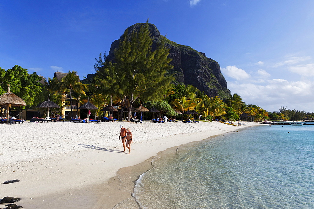 Beach and Le Morne Brabant mountain in the sunlight, Beachcomber Hotel Paradis &amp; Golf Club, Mauritius, Africa