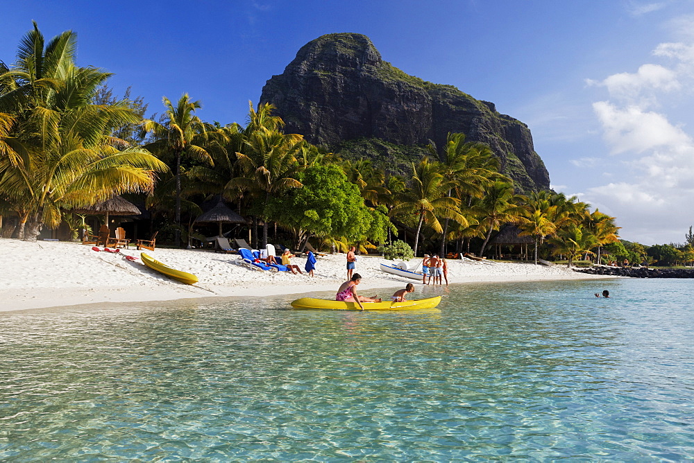 Beach and Le Morne Brabant mountain in the sunlight, Beachcomber Hotel Paradis &amp;amp; Golf Club, Mauritius, Africa