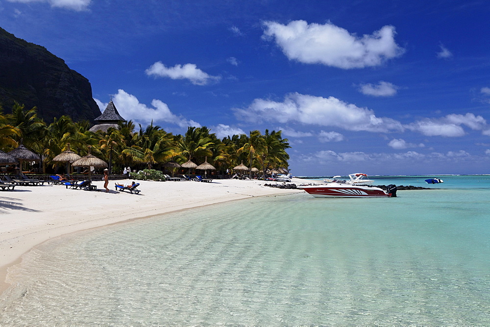 Beach and Le Morne Brabant mountain in the sunlight, Beachcomber Hotel Paradis &amp;amp; Golf Club, Mauritius, Africa