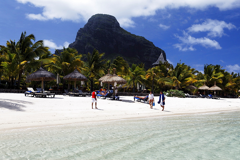 Beach and Le Morne Brabant mountain in the sunlight, Beachcomber Hotel Paradis &amp;amp;amp;amp; Golf Club, Mauritius, Africa