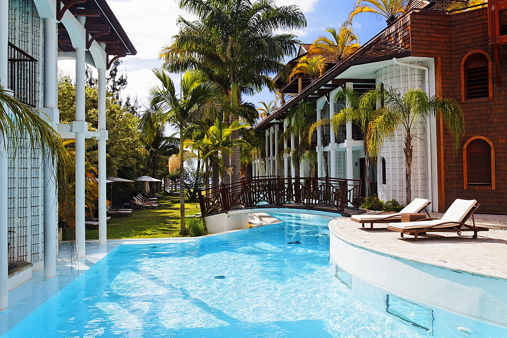 Pool in the sunlight, Saint Alexis hotel, Saint Gilles les Bains, La Reunion, Indian Ocean