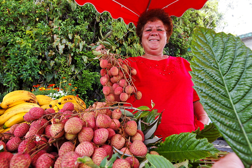 Local woman selling lychees at a stall, La Plaine des Palmistes, La Reunion, Indian Ocean