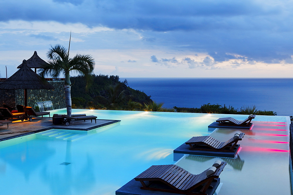 Pool of the Hotel and Spa Palm at sunset, Petite Ile, La Reunion, Indian Ocean