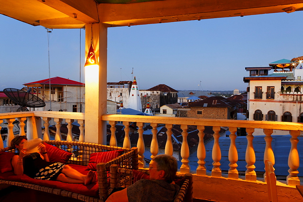 View from the roof terrace of the Glove hotel in the evening, Stonetown, Zanzibar City, Zanzibar, Tanzania, Africa