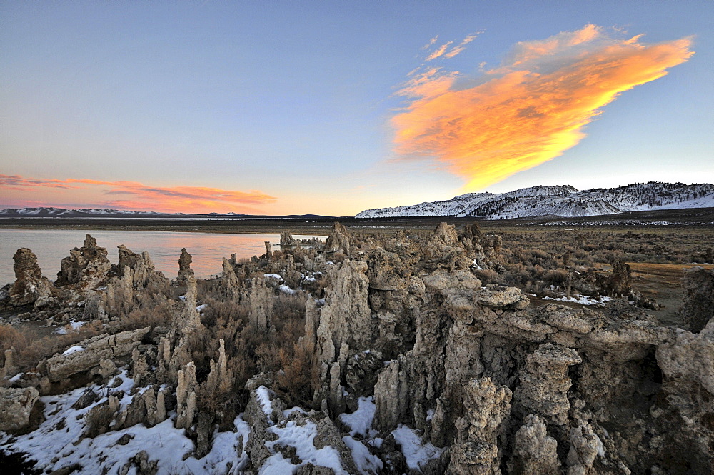 Limestone formations at a lake in the evening, Mono Lake National Monument, California, USA, America