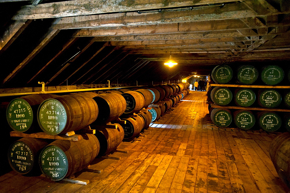 Warehouse full of oak barrels at the Glenfiddich Destillery, Dufftown, Aberdeenshire, Scotland