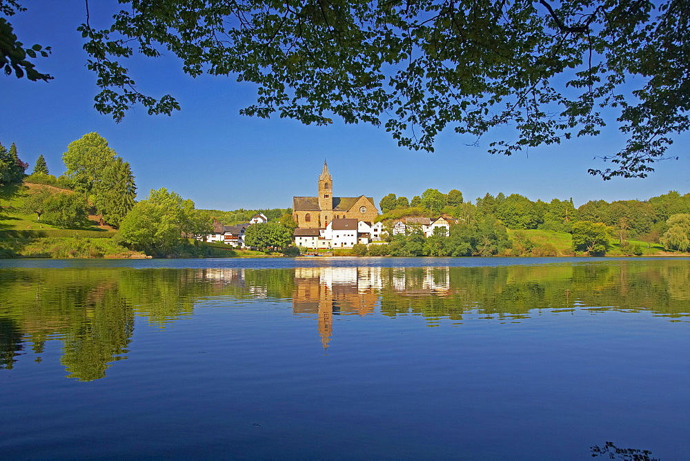 Ulmen with Ulmener Maar, Reflexion, Eifel, Rhineland-Palatinate, Germany, Europe