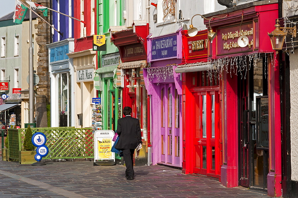 Colourful shops and restaurants, The historic centre of Caernarfon, Wales, UK