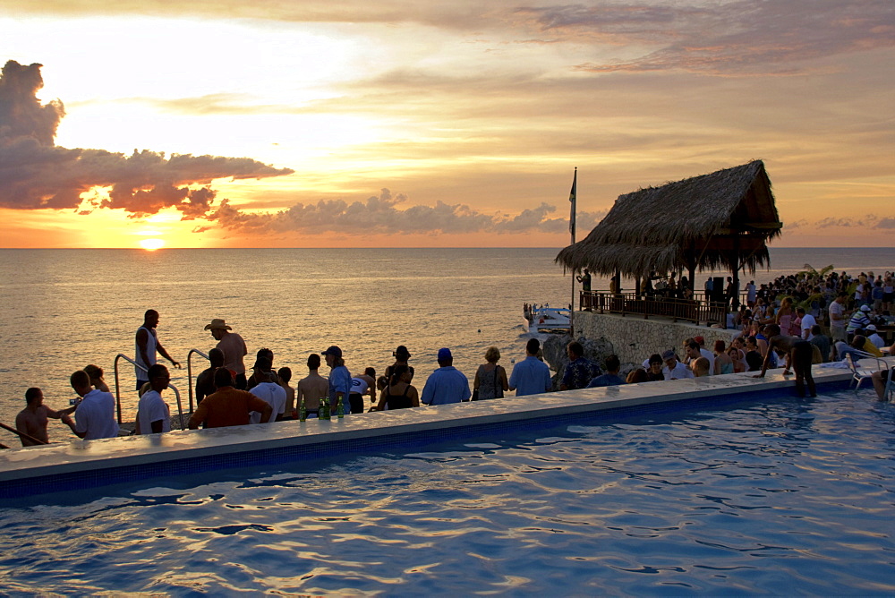 Jamaica Negril RickâˆšÃ‡Â¬Â¥s Cafe open air bar viewpoint at sunset