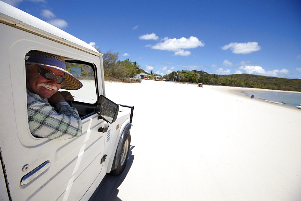 Jeep at Fisherman's beach, western Great Keppel Island, Great Barrier Reef Marine Park, UNESCO World Heritage Site, Queensland, Australia