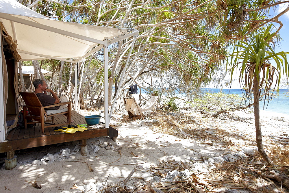 Luxury tent on stilts right at the beach under Pandanus trees, Wilson Island Resort, Wilson Island, part of the Capricornia Cays National Park, Great Barrier Reef Marine Park, UNESCO World Heritage Site, Queensland, Australia