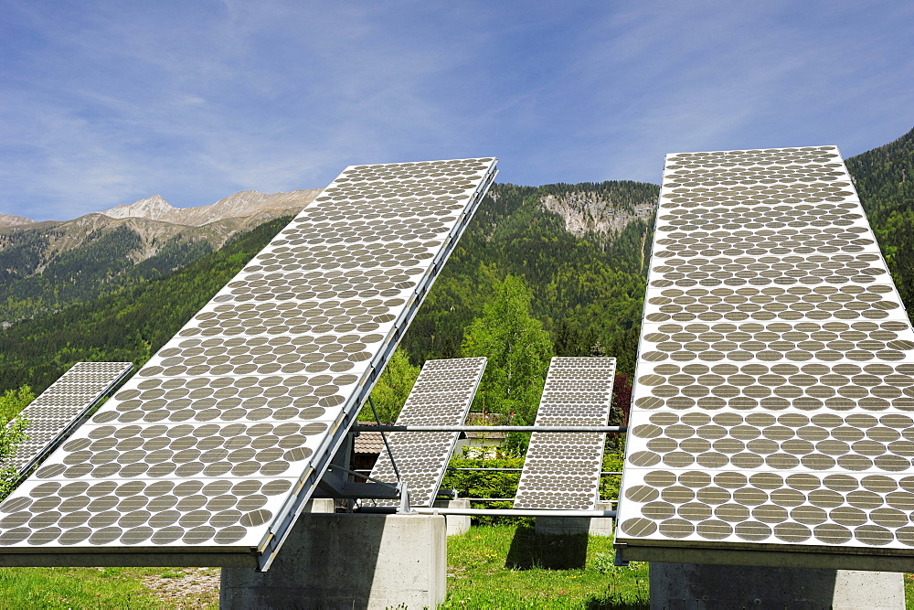 Solar panel in front of mountains, solar plant, photovoltaics, valley of Gailtal, Carinthia, Austria, Europe