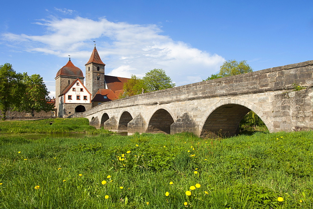 Bridge crossing the Altmuehl river, view of town gate and church, Ornbau, Altmuehl valley, Franconia, Bavaria, Germany, Europe