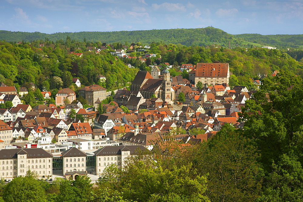 View of the city of Schwaebisch Hall in the sunlight, Hohenlohe region, Baden-Wuerttemberg, Germany, Europe