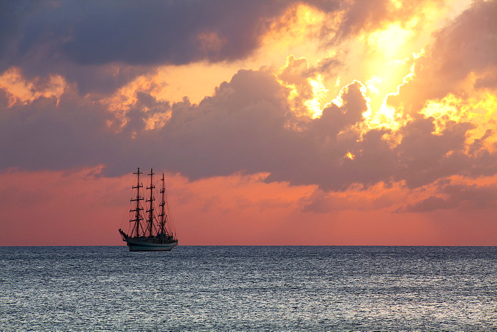 Tall ship Ã‘SedovÃ¬ anchoring at Binz seaside resort at sunrise, Ruegen island, Baltic Sea, Mecklenburg-West Pomerania, Germany