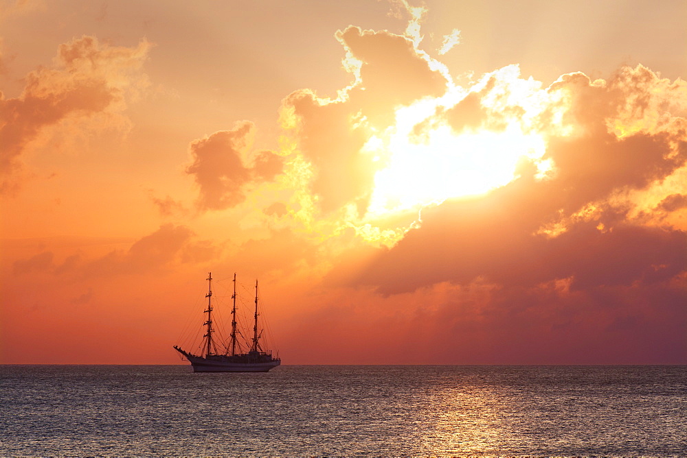 Tall ship Ã‘SedovÃ¬ anchoring at Binz seaside resort at sunrise, Ruegen island, Baltic Sea, Mecklenburg-West Pomerania, Germany