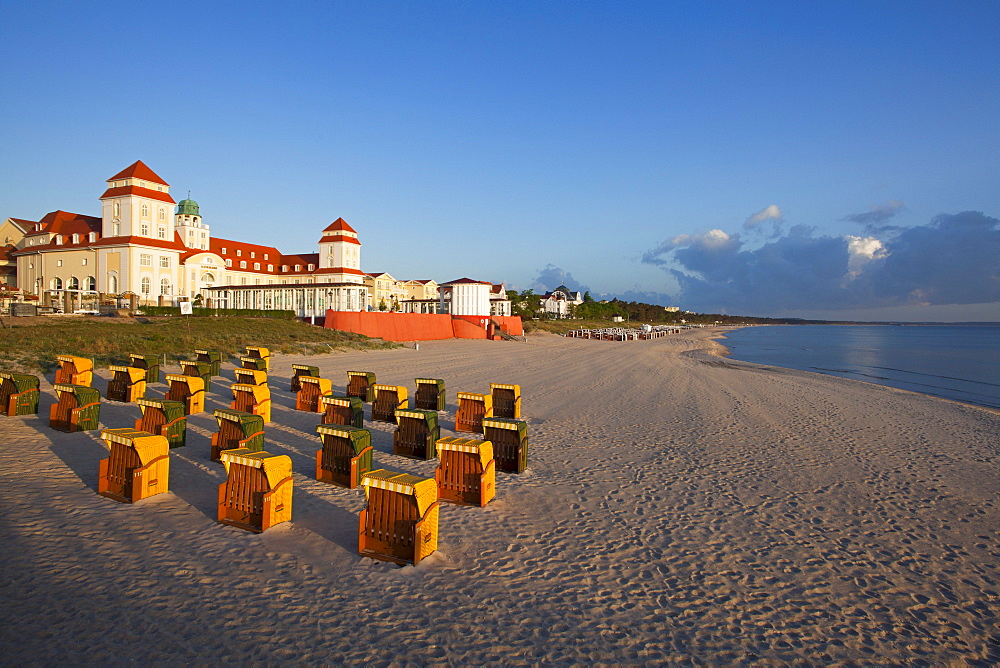 Beach chairs on the beach in front of the Spa Hotel, Binz seaside resort, Ruegen island, Baltic Sea, Mecklenburg-West Pomerania, Germany