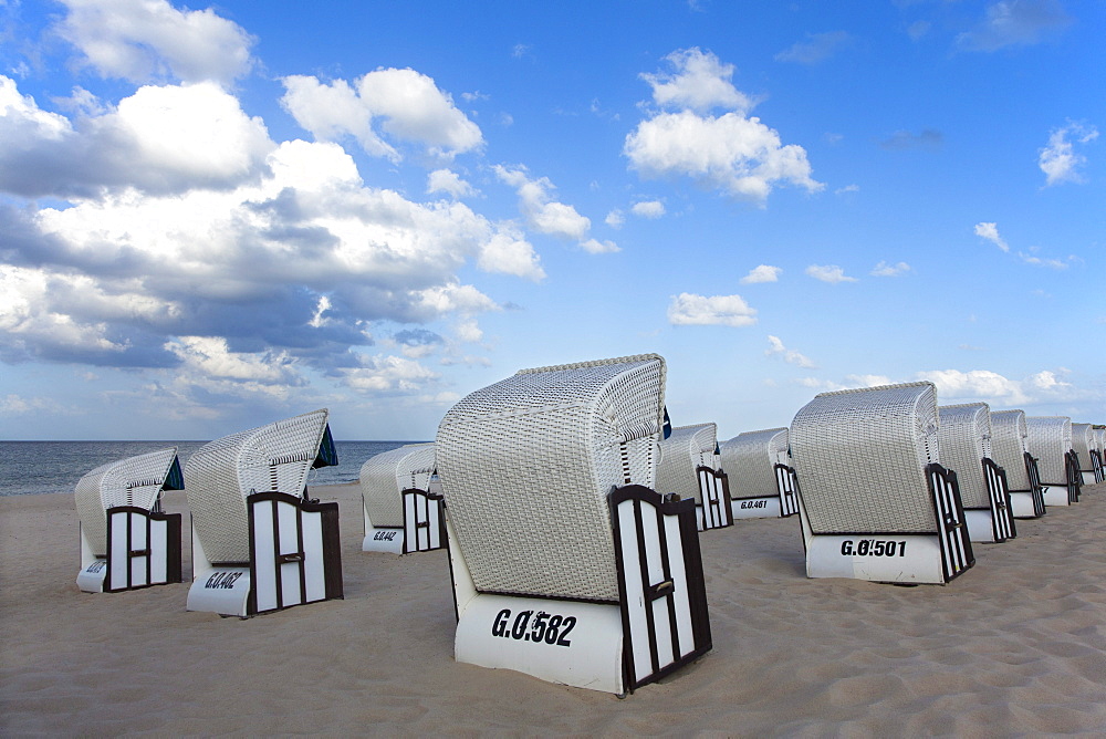 Beach chairs on the beach, Baabe seaside resort, Ruegen island, Baltic Sea, Mecklenburg-West Pomerania, Germany