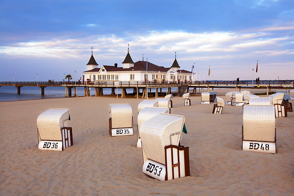 Beach chairs and pier in the evening, Ahlbeck seaside resort, Usedom island, Baltic Sea, Mecklenburg-West Pomerania, Germany