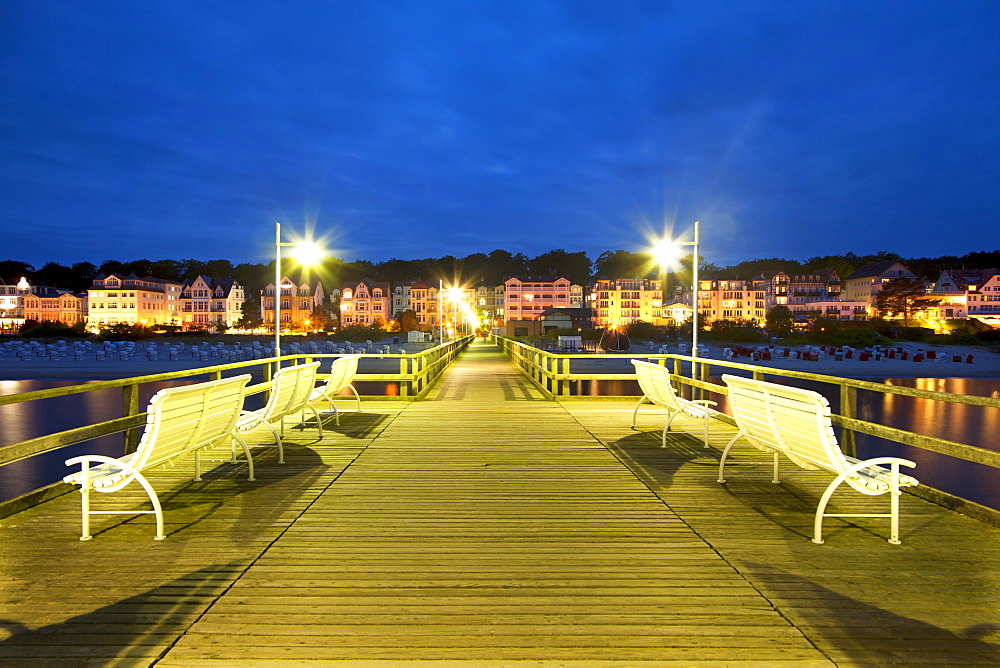 Benches on the pier in the evening, Bansin seaside resort, Usedom island, Baltic Sea, Mecklenburg-West Pomerania, Germany