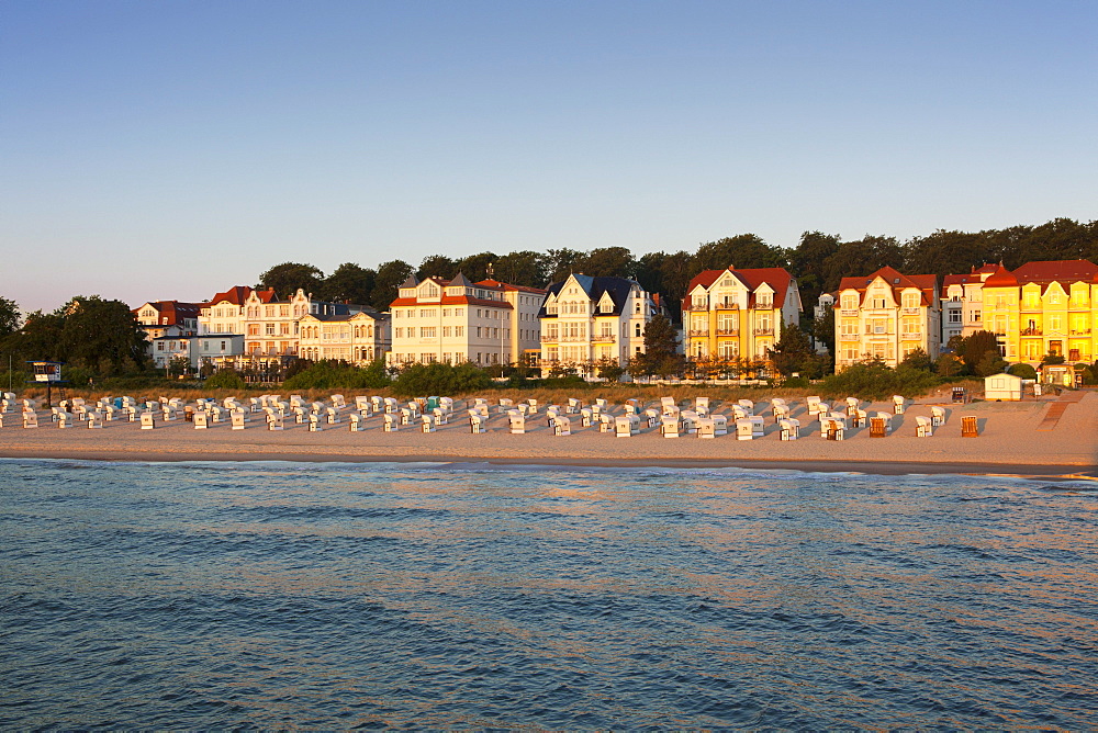 View from the pier to the seafront, Bansin seaside resort, Usedom island, Baltic Sea, Mecklenburg-West Pomerania, Germany