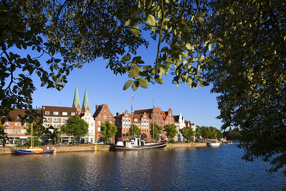 Houses with stepped gables at Holsten harbour, Hanseatic city of Luebeck, Baltic Sea, Schleswig-Holstein, Germany