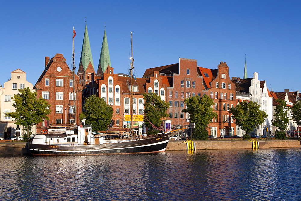 Houses with stepped gables at Holsten harbour, Hanseatic city of Luebeck, Baltic Sea, Schleswig-Holstein, Germany