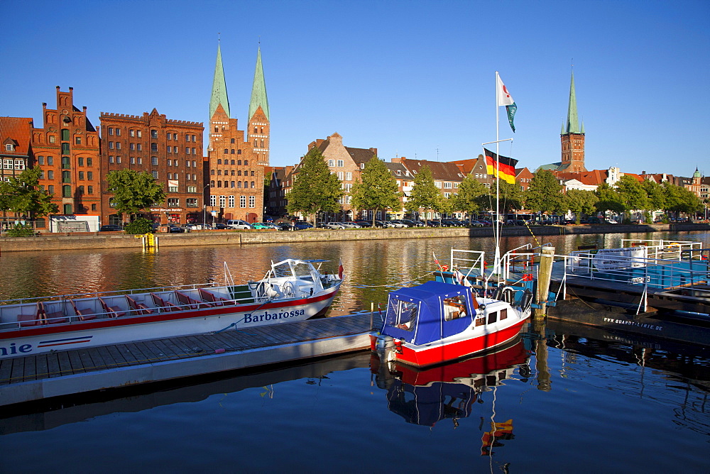 Old storehouses at Holsten harbour, St MaryÂ¥s church and church of St Petri, Hanseatic city of Luebeck, Baltic Sea, Schleswig-Holstein, Germany