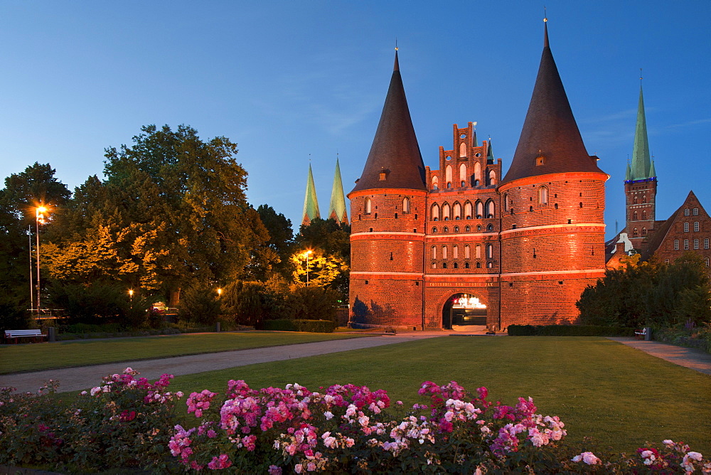 Holsten Gate, St MaryÂ¥s church and church of St Petri, Hanseatic city of Luebeck, Baltic Sea, Schleswig-Holstein, Germany