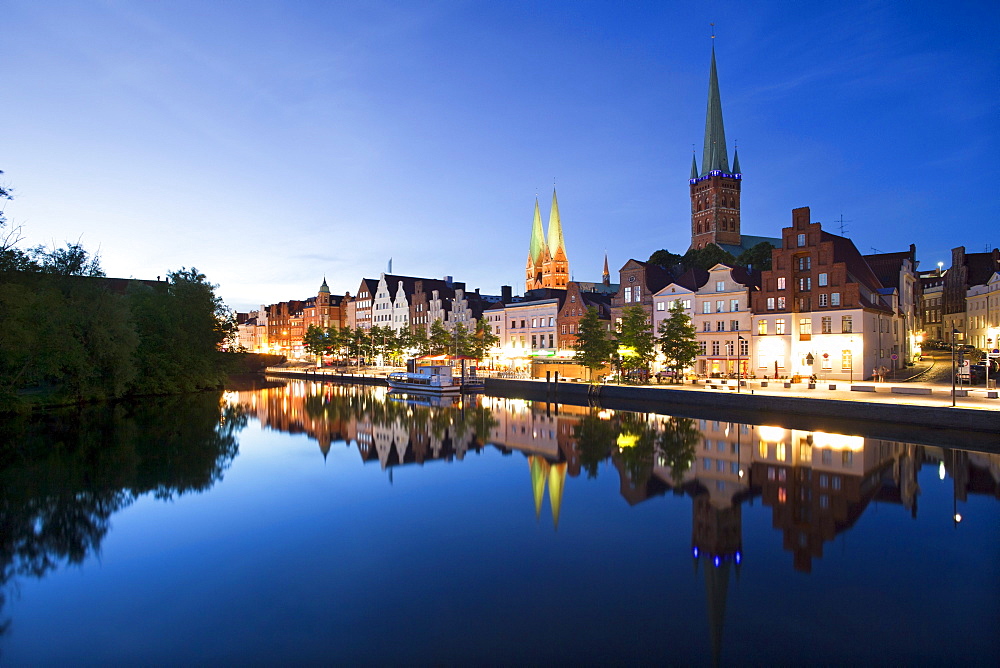 View over the Trave river to the old town of Luebeck with St MaryÂ¥s church and church of St Petri, Hanseatic city of Luebeck, Baltic Sea, Schleswig-Holstein, Germany