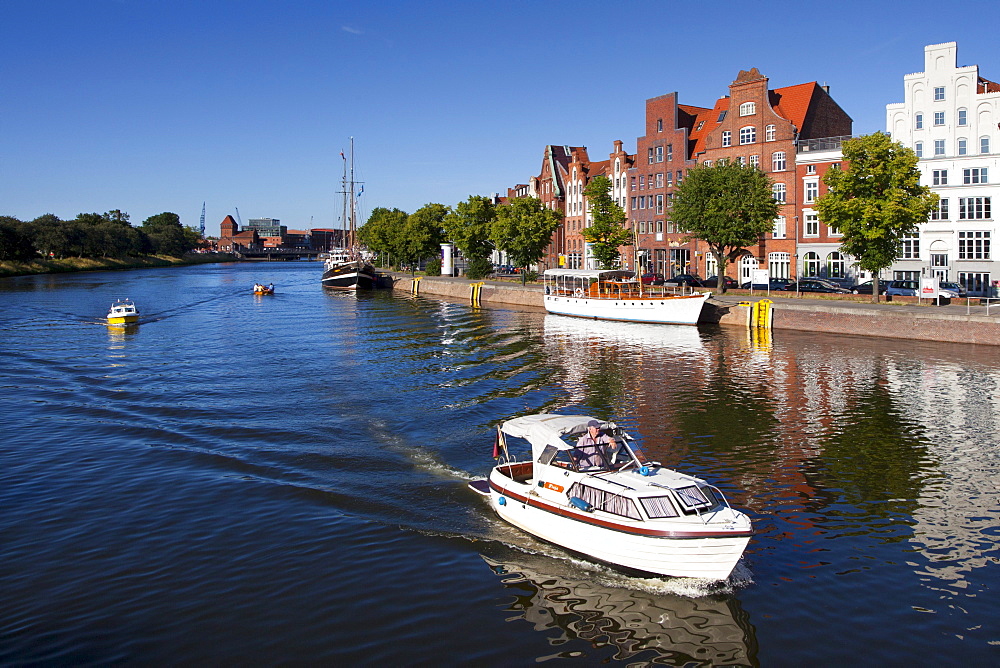 Houses with stepped gables at Holsten harbour, Hanseatic city of Luebeck, Baltic Sea, Schleswig-Holstein, German