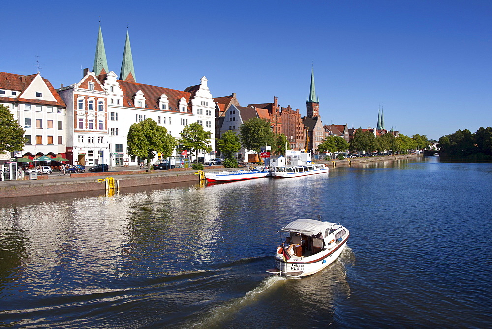 Houses with stepped gables at Holsten harbour, St. MaryÂ¥s church and church of St Petri, Hanseatic city of Luebeck, Baltic Sea, Schleswig-Holstein, Germany