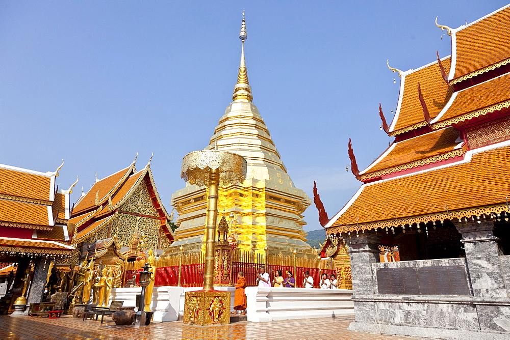 Wat Doi Suthep, group of people following a monk around the golden pagoda, buddhist temple on a mountain, Chiang Mai, Thailand, Asia