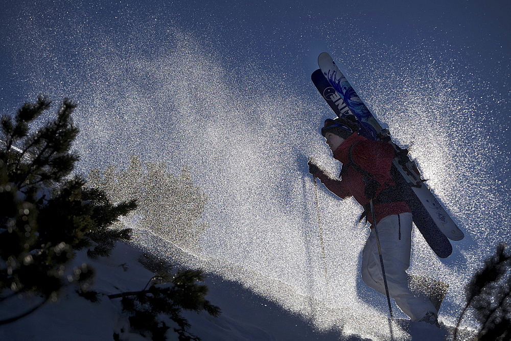 Female skiier ascending in deep snow, Oberjoch, Bad Hindelang, Bavaria, Germany