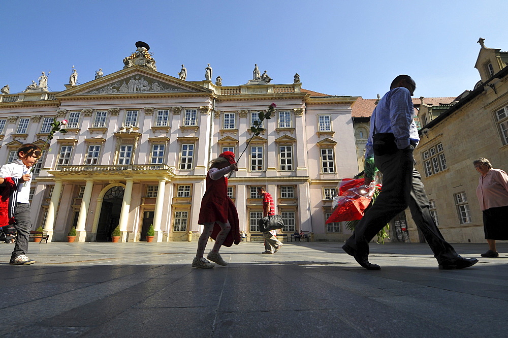 People in front of Primate's Palace at the old town of Bratislava, Slovakia, Europe