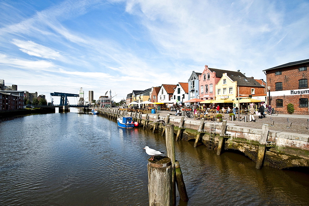 Old town and harbour under clouded sky, Husum, Schleswig Holstein, Germany, Europe