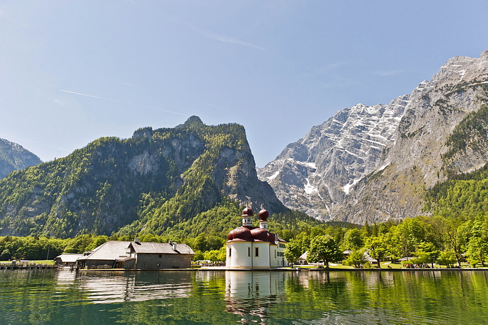 Pilgrimage church St. Bartholomew at the banks of lake Koenigssee, Bavaria, Germany, Europe