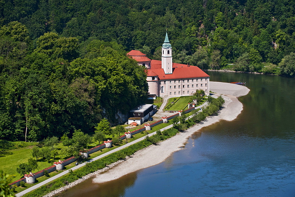 Weltenburg monastery on the banks of Danube river, Weltenburg, Kelheim, Bavaria, Germany, Europe